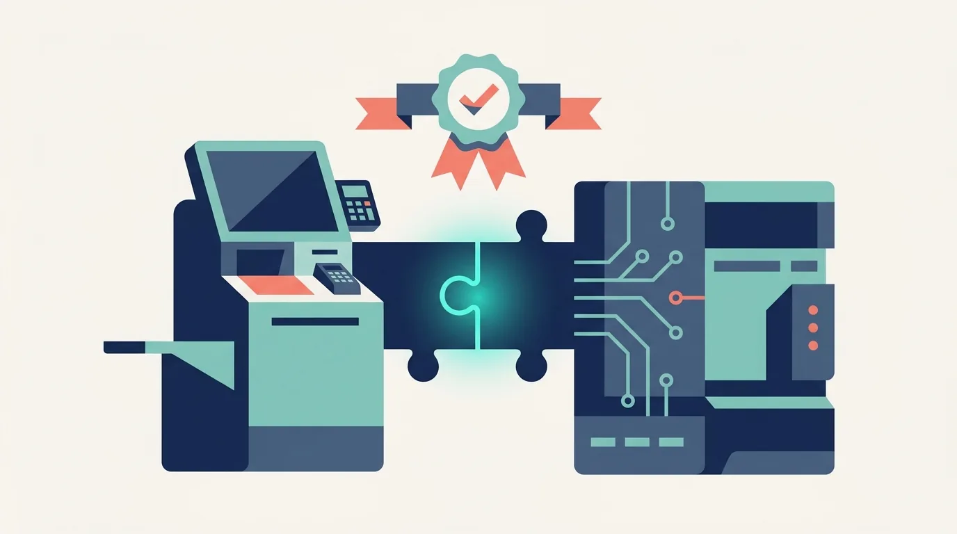 Ilustração de um terminal de self checkout conectado a um bloco de software com selo de aprovação, representando a homologação do sistema Apogeu com a Elgin