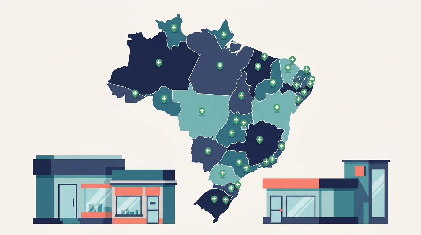 Mapa estilizado do Brasil com marcadores de farmácia espalhados pelas regiões, com fachadas de farmácia em primeiro plano