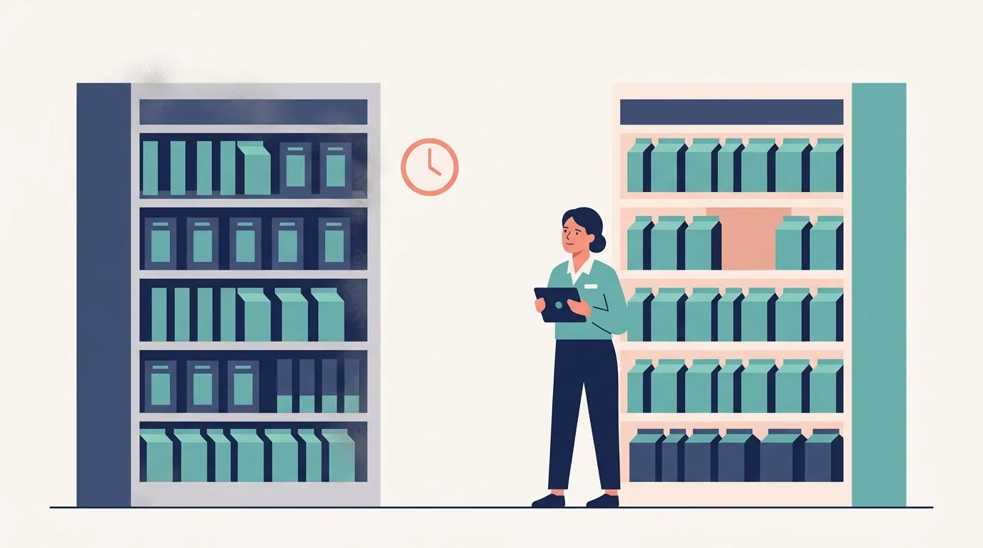Ilustração de duas gôndolas de supermercado, uma abarrotada de produtos parados e outra com espaço vazio, representando a diferença entre estoque parado e ruptura
