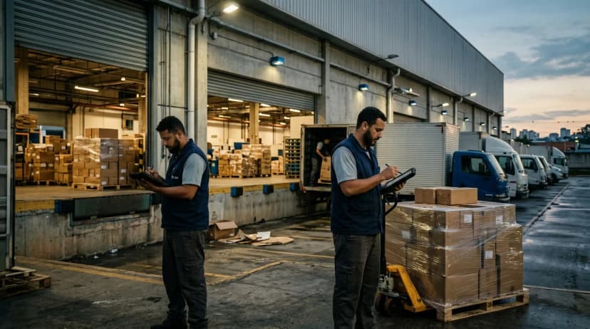 Caminhões de distribuidora sendo carregados em galpão logístico
