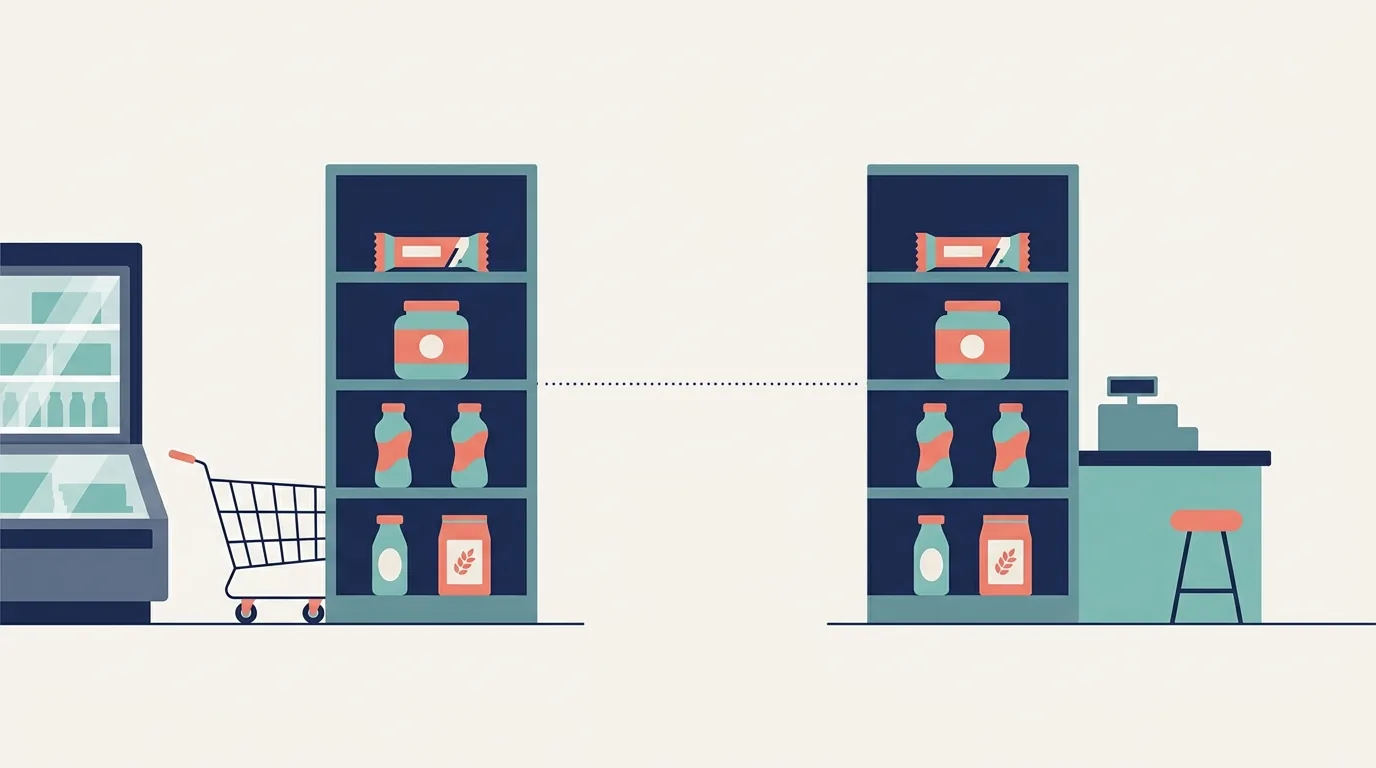 Ilustração de duas prateleiras espelhadas com os mesmos produtos proteicos, uma em corredor de supermercado com geladeira e outra junto a um balcão de atendimento, representando a disputa entre os dois canais