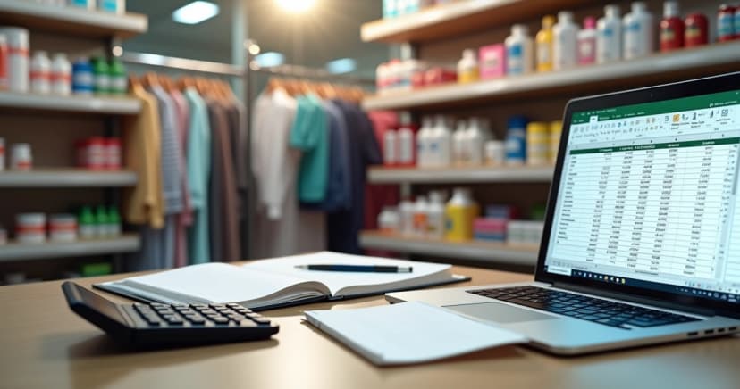 Calculadora, planilha de Excel e controle de estoque com produtos em prateleira