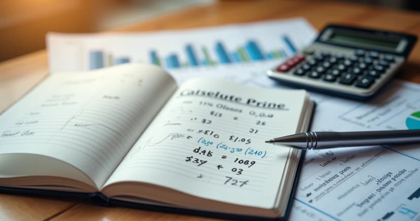 Mesa de madeira com calculadora, anotações e gráficos de precificação de produtos