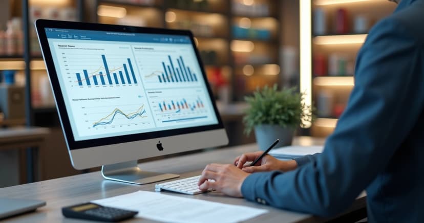 Pessoa usando computador e analisando gráficos de vendas e faturamento em ambiente de loja moderna com papéis e calculadora sobre a mesa