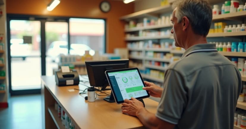 Atendente de farmácia em balcão usando tablet com painel de sistema ERP aberto