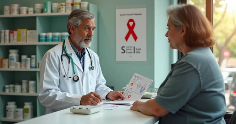 Farmacêutico orienta cliente adulto sobre tratamento de HIV em balcão de farmácia