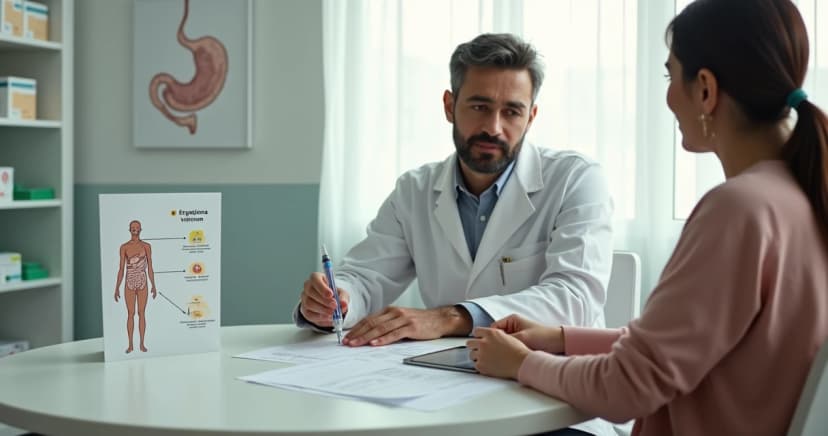 Farmacêutico mostrando caneta emagrecedora e esquema simples do corpo em consulta orientativa