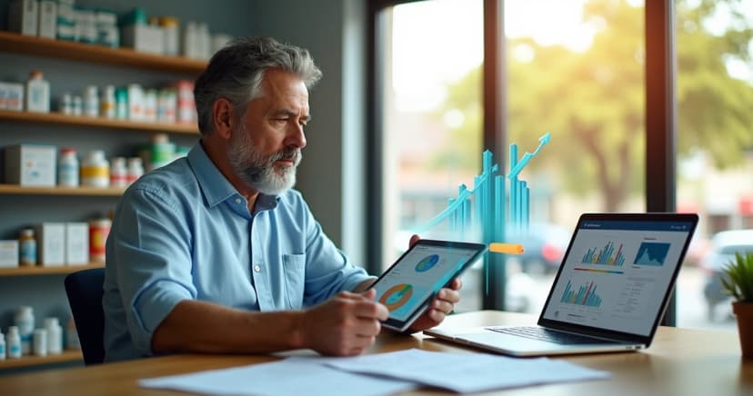 Gestor de farmácia no Nordeste analisando gráficos de crescimento em tablet