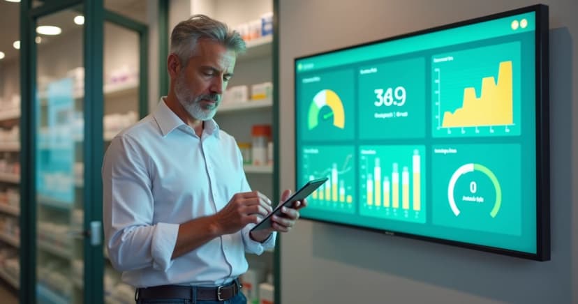 Gestor de farmácia analisando KPIs em painel digital com gráficos coloridos