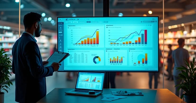 Gestor de varejo analisando tela grande com indicadores de produtividade do ERP